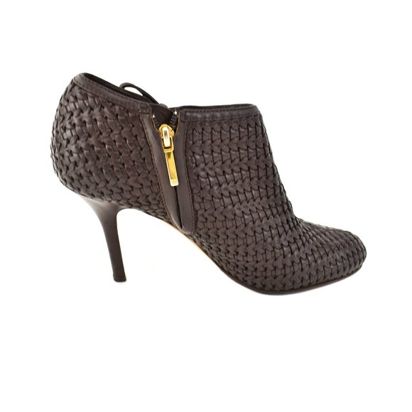 DIOR: Dark Brown Woven Leather & "CD" Logo Booties - Picture 6 of 11